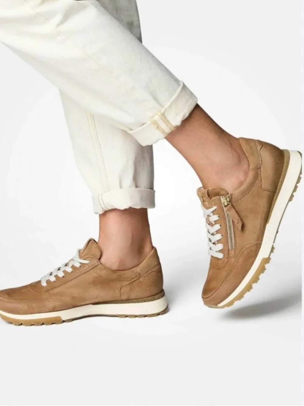 Paul Green Tan Suede Side Zip Sneakers Lace Up